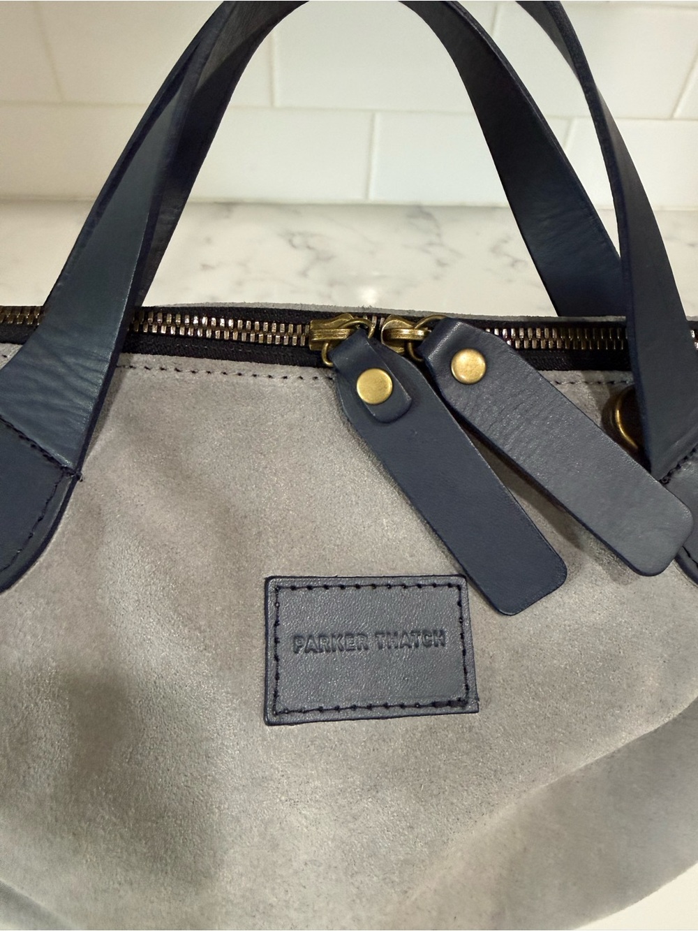 Parker Thatch medium Charlie Grey Suede Crossbody Tote with Navy Trim - Picture 3 of 7